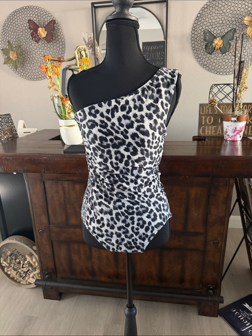 Michael Kors Black & White One-Shoulder Leopard Print One-Piece